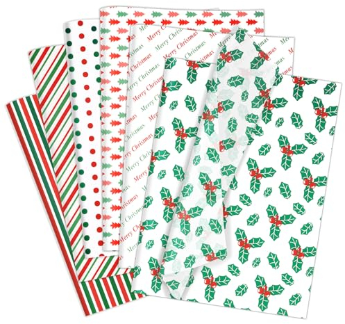 Larcenciel Seidenpapier Weihnachten 60 Blatt, Klassisch Rot-Grün Seidenpapier Verpackungsmaterial zum Geschenktüten & Geschenkbox, Matt Schneeflocken Geschenkpapier für Urlaub, Party, DIY, 50x35cm