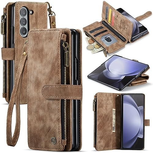 UEEBAI Wallet Case for Samsung Galaxy Z Fold 5 5G, Premium Handmade PU Leather Phone Case Card Slots Magnetic Closure Zipper Pocket Kickstand Flip Case with Hand Strap - Brown