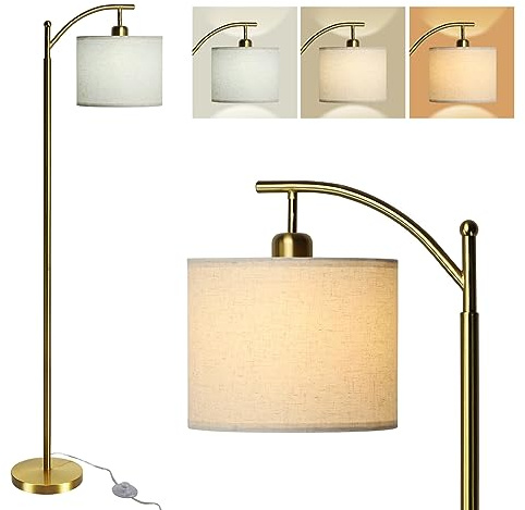 Depuley Golvlampa, modernt vardagsrum, båglampa med grå tygskärm, E27-glödlampa fotbrytare, lä med 3 färgtemperaturer, 156 cm golvlampa för studio, sovrum, arbetsrum, kontor