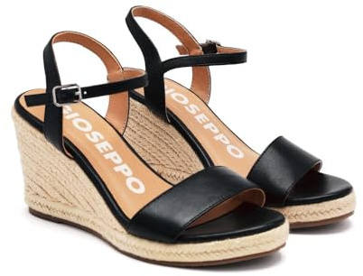 Sandales en Cuir Noir avec Talon COMPENSÉ en Jute pour Femme ZHEPE
