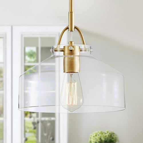 WUZUPS Chandelier Rustic Farmhouse Industrial Round Ceiling Pendant LED Light Fixture with Clear Glass Shades for Dining Room Kitchen Island Foyer Entryway, H 9.4 x W 10.6, E26 Base, Gold