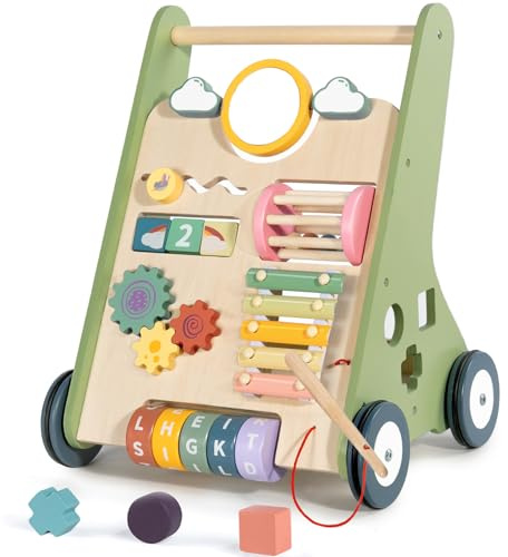 LOL-FUN Wooden Baby Walker with Wheels, Baby Walker for Boys 12 Months Push Toy, Montessori Walking Toys for 1 Year Old Activity Center