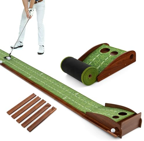 COSTWAY Golf puttingmatta, golfmatta med 1/2/3 hål, bilåterkomst träningsmatta med 3 golfbollar och konstgräs, puttingtränare inomhus, utomhus för nybörjare, proffs