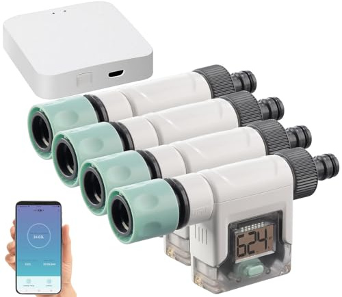 Royal Gardineer Wassermenge-Zähler: 4er-Set smarte Wasserzähler für Gartenschlauch, mit WLAN-Gateway & App (WLAN Gateway, Bluetooth, App, Uhren)