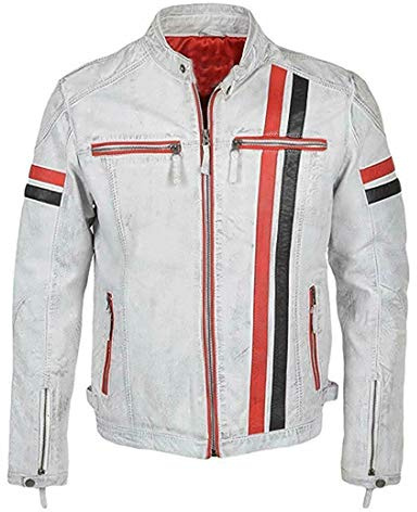 LP-FACON White Cafe Racer - Chaqueta de motociclista vintage de cuero envejecido para hombre, blanco, XL