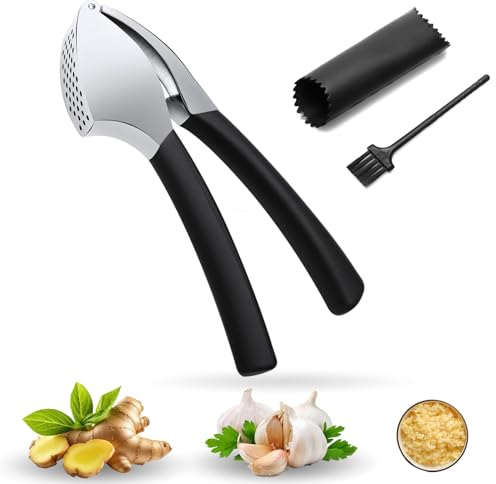 Knoblauchpresse Edelstahl 3er Set, Knoblauchpresse Spülmaschinenfest, Garlic Press, Knoblauch Presse mit Knoblauchschäler und Reinigungsbürste