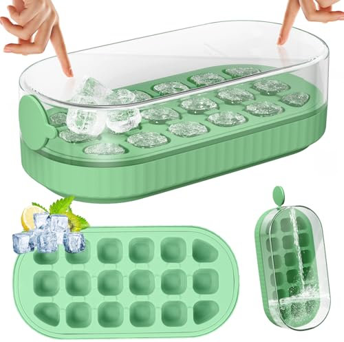 PKBD Bac a Glacon avec Couvercle, 18 Pièces Moules Glaçons Presser en Silicone pour Congélateur, Dégagement Facile, Remplissage Rapide Sans Toucher, Bac à Glaçons pour Cocktails, Whisky, Café, Vert