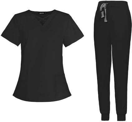 Meichoon Scrubs per donne Set Top girocollo elastico con 4 tasche Slim Fit Yoga Pants Assorbimento del sudore e asciugatura rapida Ospedale Salone di bellezza DK53Nero S