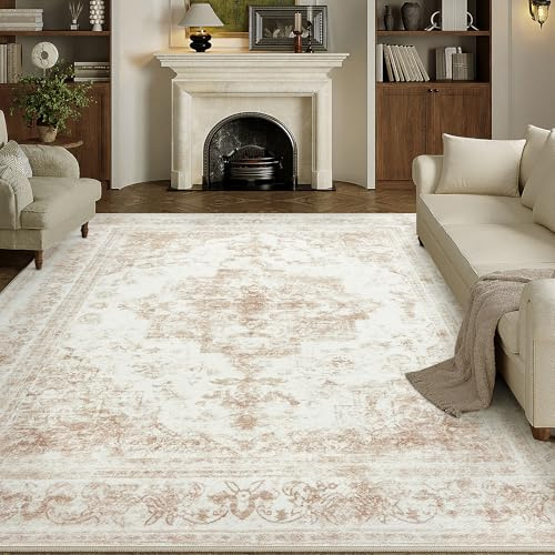 HUGEAR Vintage Vardagsrum Matta Beige 240x300cm Tvättbar Stor Mattor | Halkfri,Sovrumsmatta Rug,Sovrum,Kort Lugg Carpet,Matsal Rugs,Kontor Carpet,Barnrum,Inomhusbruk Golvmatta