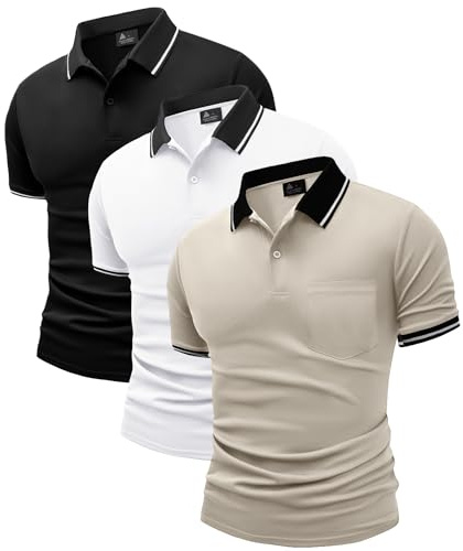 JACKETOWN Lot de 3 Polo pour Homme Polo de Golf Manches Courtes Léger T Shirt Travail avec Boutons Printemps été Chemise Respirant