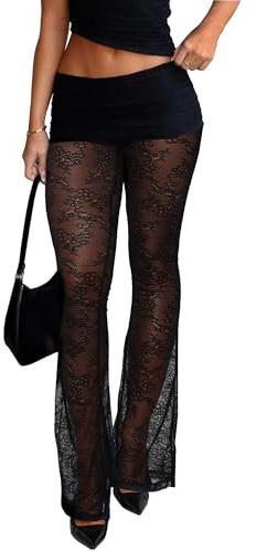 Navneet Damspetsbyxor, transparenta nätbyxor, leggings med kjol, utsvängda byxor, festival, rave, sexig outfit, Svart leggings med spetskjol, L