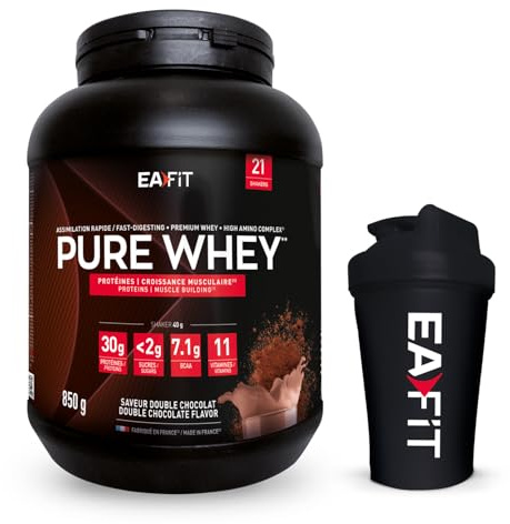 EAFIT - Lot WHEY PROTEIN - Double Chocolat 850g - Protéines Whey + Shaker Noir Opaque avec Mélangeur en Acier