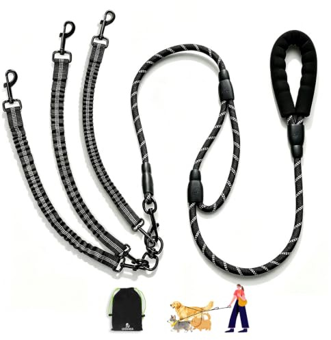 LEOSASA No Tangle Leash for 3 Dogs, 3-in-1 Leash with 360° Swivel & Shock Absorbing Bungee, Padded Handle No Tangle Walking Lead for Large Medium Small Dog