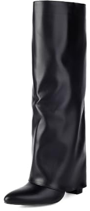 Générique Femmes Talons Hauts Épais Botte Longues Bout Pointu Bottes Hautes Au Genou Cuir PU Rétro Bottes Hautes avec Fermeture Éclair Latérale,Noir,35.5 EU