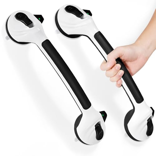 Reyiu Grab Bars for Bathtubs and Showers, 16.5 Inch Black White Handicap Shower Handle Safety with Indicators, Suction Cup Grab Bar for Shower Chair Stool, Seniors, Elderly (2 Pack)