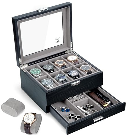 Slege Porta Orologi in Legno a 8 Posti,Fatto Mano Scatola Portaorologi a 2 Livelli,Elegante Scatola per Orologi,Scatola Porta Orologi Uomo e Donna,Coperchio in Vetro,con Cuscinetti,Idea Regalo