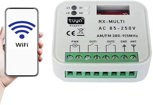 Receptor WiFi centralita radio universal con mandos a distancia multi marca compatible con Google Home Alexa App Tuya Frecuencia AM/FM 280-915 MHz 2 CH fijo y Rolling Code AC/DC 85-250 V Puerta Garaje