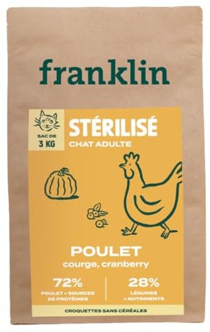 FRANKLIN – Croquette Chat Stérilisé – sans Céréales – 63% Poulet – 3 kg