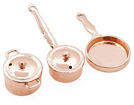 Odoria 1/12 Miniatura 3PZ Batería de Cocina Cobre Cazo Sartén y Cacerola Cocina Accesorio para Casa de Muñecas