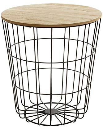 Wohnando Moderner Metall Beistelltisch 41,5x39,5x39,5 cm | Metallkorb mini Tisch mit Holzdeckel & Korb für Decken | Platzsparend, multifunktional, ideal für Wohnzimmer, Fertig montiert, Schwarz Clara