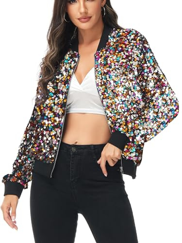 Anna-Kaci Womens Sequin Jacket Bomber Coat 1989 Slitter Outfit For Concert Party, Multicolor, Large
