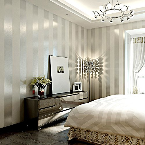 YangYun Home Decoration Modern Minimalist Vertical Striped Non-Woven for Bedroom Living Room Non-Pasted Wallpaper Cream Silver Color 1.73'W x 32.8'L,Striped Wide is 0.43'