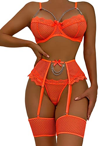 Aranmei Sexy Lingerie for Women Sets 4 Piece Croset Lingerie Set Lace Sheer Underwire Bra with G-String Thigh Bands with Garter Belt Lingerie Set,Orange XXL