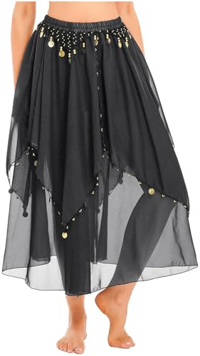 HULIJA Falda larga para danza del vientre, falda de danza del vientre, con lentejuelas, asimétrica, para bailar, carnaval, danza, disfraz oriental, A negro., Talla única