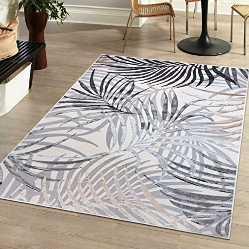 Mazovia Modern Teppich Wohnzimmer, Kurzflor elegant glänzender - Palmenzweige Feder - Wohnzimmerteppich in Beige Creme mit Silber 160 x 230 cm