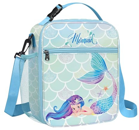 Clastyle Princess Insulated Kids Lunch Bag Large Thermal Cooler Bag for Girl Picnic School Toddler Lunch Box Tote,Blue Mermaid