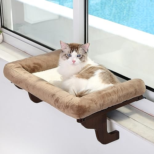 Zakkart Cat Perch for Window Sill with Bolster - Orthopedic Hammock Design with Premium Hardwood & Robust Metal Frame - Cat Window Seat for Large Cats and Kittens - Dark Stained Wood Brown Bed, 24''W