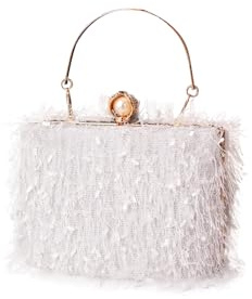 CORIOS Tassel Evening Bag for Women Rhinestone Clutch Bag Beaded Handbag Bridal Wedding Purse Shoulder Bag with Detachable Chain Elegant Crossbody Bag for Cocktail Banquet Prom Party White