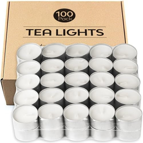 8 Hour Tea Light Candles 100 Pack Long Burning Time Unscented White