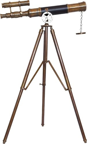 Antikt teleskop solid vintage spyglass dubbeltunna svart läder maritimt med mässing justerbart stativ heminredning artikel