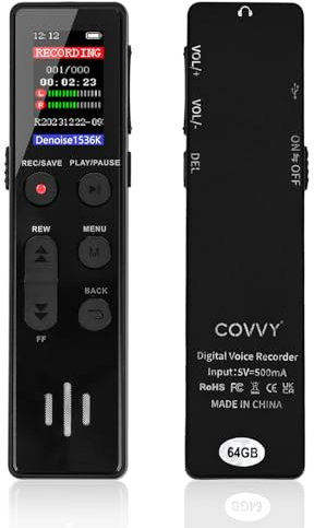 64 GB digitales Diktiergerät, COVVY Sprachaktivierter Rekorder, tragbarer Sound-Recorder mit Wiedergabe, Mini-HD-Aufnahmegeräte für Interview/Klasse/Meeting