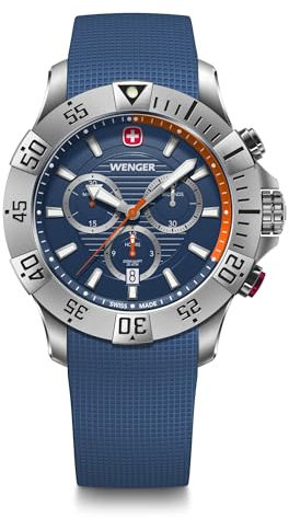 WENGER Herren Armbanduhr Seaforce Chronograph Ø 43 mm, Swiss Made, Analog Quarz, Wasserdicht bis 200 m, Silikon-Armband, Blau, 01.0643.124