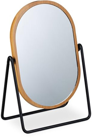 Relaxdays Tischspiegel, 360° drehbar, Spiegel HxB: 18 x 12 cm, Bambusrahmen, Metallständer, Schminktisch, natur/schwarz