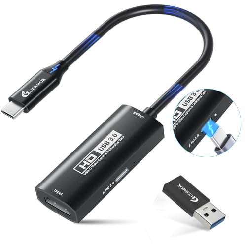 Guermok Tarjeta de Captura de Video USB 3.0 con Carga rápida PD 100W, 1080P@60FPS HDMI a USB-A/C, con Adaptador Tipo C, para Streaming en Quest 3 / Pad/MacOS/Switch / PS4 y PS5, Negro