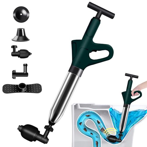 Déboucheur WC à Air Comprimé,Déboucheur à Pompe avec Baromètre,Déboucheur de Toilette Haute Pression avec 4 Têtes Remplaçables,Déboucheurs Ventouses pour Lavabo,Baignoire,Tuyau d'égout (Vert)