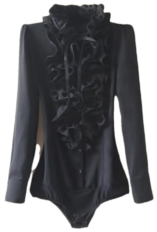 Body con volantes para mujer, blusa informal con botones y cuello alto falso, para oficina, Negro, M