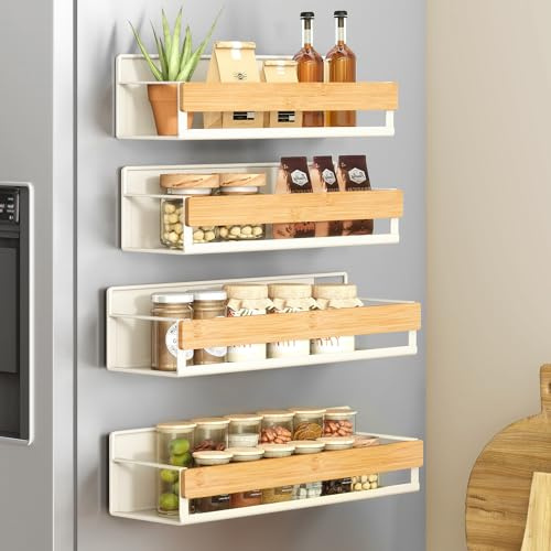 SONGMICS Gewürzregal magnetisch, 4er Set, 2 große und 2 kleine Regale, Gewürz-Organizer ohne Bohren, Magnetregal, für Küche, Kühlschrank, Mikrowelle, Waschmaschine, cremeweiß-naturbeige KCS062WD01