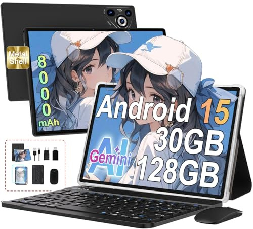 2025 Tablette Android 15 10 Pouces Écran IPS HD [30Go RAM] 128Go + TF 1To - Octo-Core, 8000mAh, Corps intégré en métal, 5MP+8MP, WiFi6, Face ID, Widevine L1 - Tablet Avec Clavier et Souris - Noir