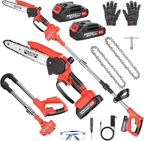 Motosierra Batería Sin Cable, 2 en 1 Mini Motosierra y Podadora de Pértiga, con 2 Baterías de 1500mAh, Sierra de Poda Telescópica Eléctrica, Guantes para Podar Arboles Patio de Jardín árboles
