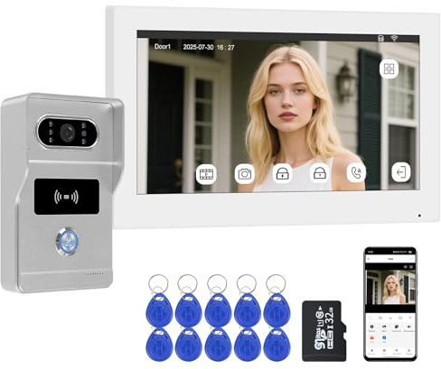QttyElok 2 Hilos Videoportero WiFi Sistema de Intercomunicación 1080P, Timbre de Video y Pantalla Táctil de 7 zoll con Cable, Desbloqueo RFID &Tuya, Visión Nocturna, IP65, Grabación