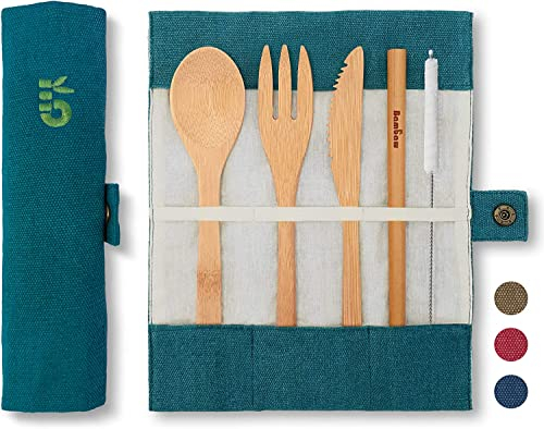 Set couverts en bambou | Couverts en bois | Kit couverts écologique | Couteau, fourchette, cuillère et paille| Couverts de voyage | Couverts camping avec housse de rangement | Lagon | Bambaw