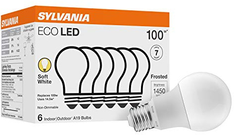 Sylvania ECO LED A19 Light Bulb, 100W Equivalent, Efficient 14.5W, 7 Year, 1450 Lumens, Non-Dimmable, Frosted, 2700K, Soft White - 6 Pack (40885)