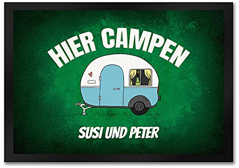 speecheese Hier Campen Wohnwagen Fußmatte - personalisiert - Schmutzfänger für Campingwagen Campingplatz mit Namen individualisierbar