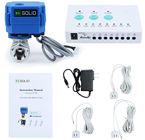 U.S. Solid Détecteur de Fuite d'eau - Système de détection de Fuite d'eau avec Valve à Billes en Acier Inoxydable motorisée de 1/2 à Fermeture Automatique, contrôleur et 3 capteurs et Alarme sonore