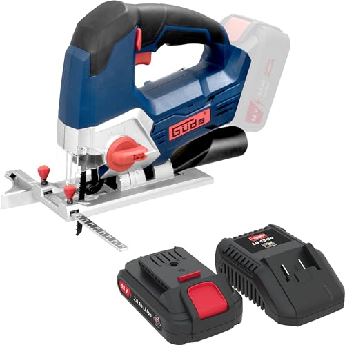Güde Akku Stichsäge STS 18 (18 V, 25 mm Hubhöhe, max. Schnitttiefe Holz/Stahl/Plastik: 80/10/12 mm, Staubabsaug-Anschluss, LED-Licht, inkl. 3A Schnellladegerät & 2Ah Akkupack Starter-Kit LGAP 18-3020)
