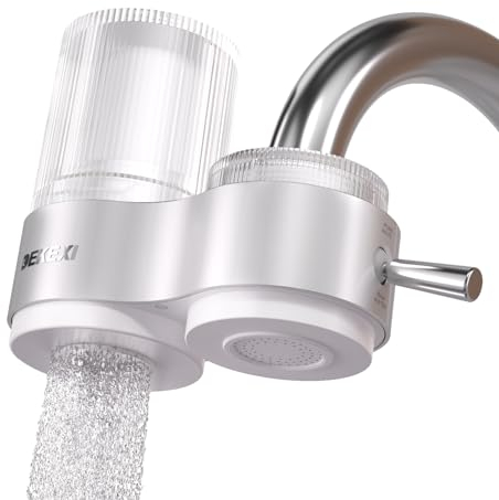DEKEXI Wasserfilter Wasserhahn Wasserfilter Für Den Wasserhahn Trinkwasser-Filter für Zuhause Küche Aktivkohle Eduziert Chlorgehalt Schlechter Geschmack Metallgehäuse mit 1 Ersatzfilter (weiß)